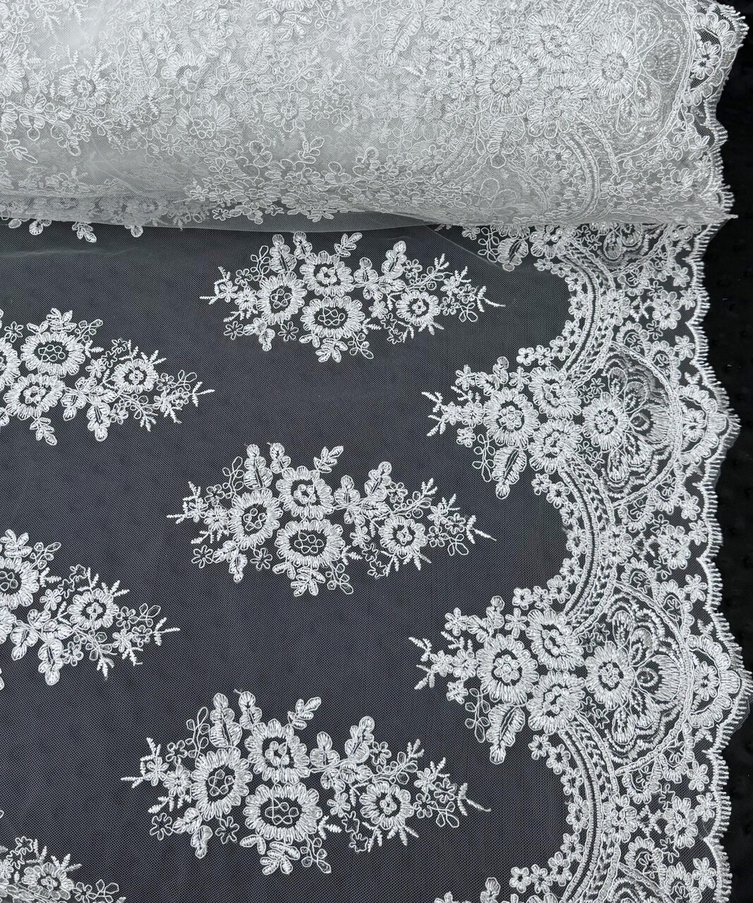 White Sequin Embroidered Lace Fabric by the Yard, 54" Wide Floral Mesh Lace with Double Scalloped Edges